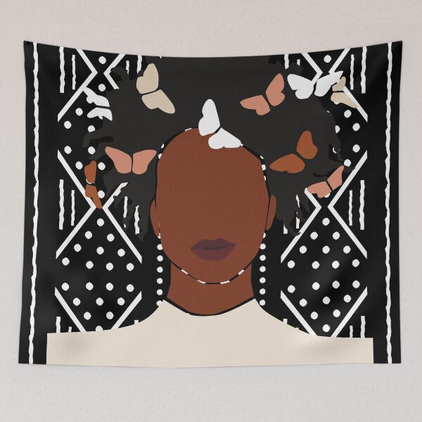 Aperçu de l'œuvre Melanine Girl avec fro et papillons sur Mudcloth Print créée et vendue par lesovybze.