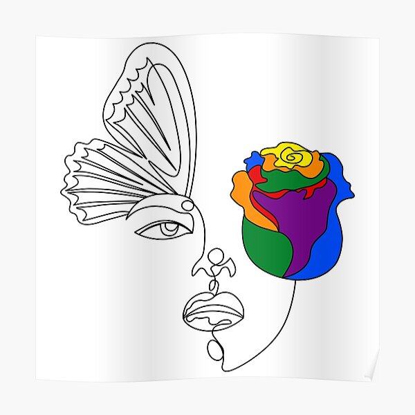 "LGBTQ+ Single line illustration of face with butterfly wing detail and