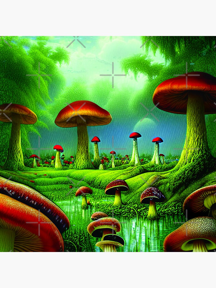"Mushroom Village Near A river And Under Mountains, Cute Mushroom