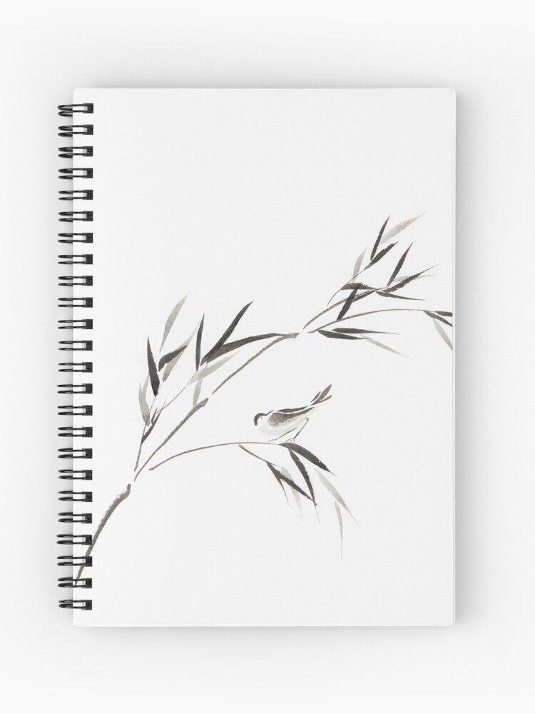 Cahier A Spirale Oiseau Sur Une Branche De Bambou Japonais Zen Sumi E Peinture Sur Papier D Art De Riz Blanc Imprimer Par Awenartprints Redbubble