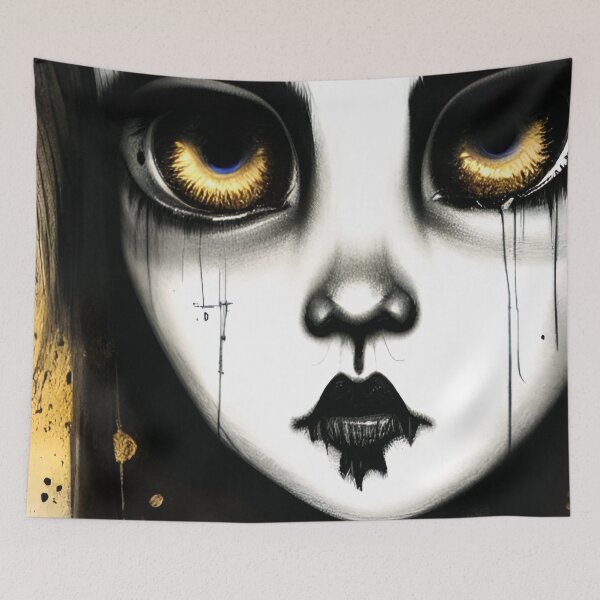 Artikelvorschau, Goldene Augen Dark Grunge Creepy Doll Face Art entworfen und verkauft von CreepyKaleidopi.