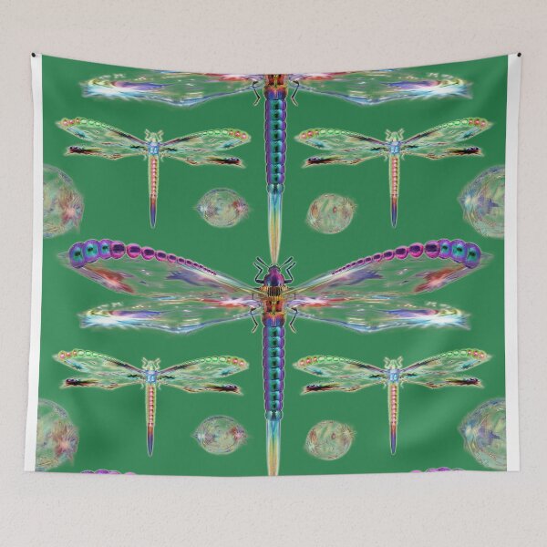 Item preview, dragonflies, neat, background green, purple, luminous, large, small, multicolored, rainbow, bubbles, soap, designed and sold by Maria Mihailova.