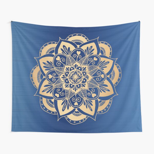 Blue and Gold Flower Mandala Tapestry