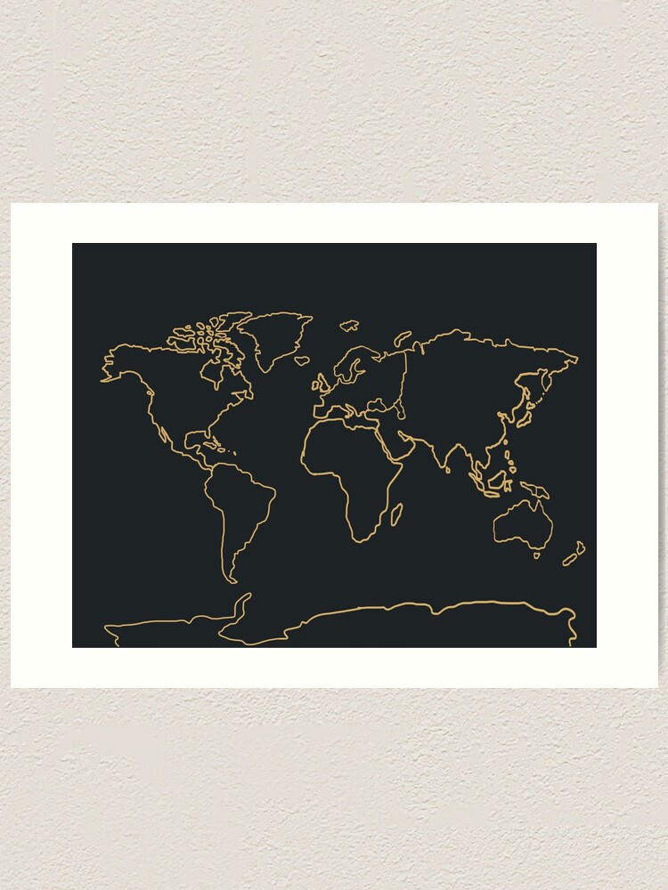 world map outline black gold art print by doodleandcharm redbubble