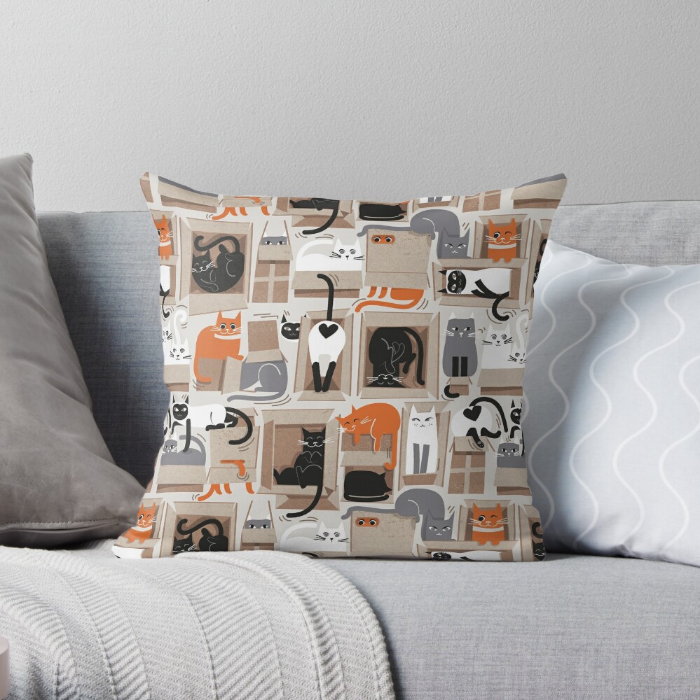 Purfect feline architecture // beige background cute cats in cardboard boxes  Throw Pillow