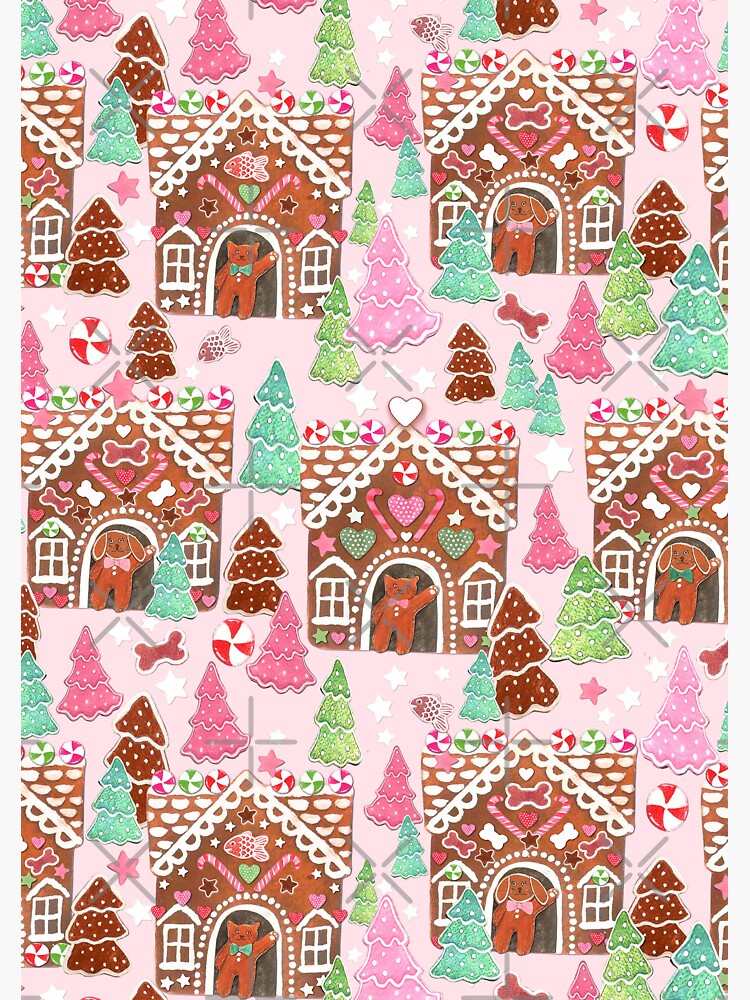 Pegatina «Gatos y perros en casas de pan de jengibre en rosa pálido con ...