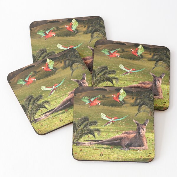 Item preview, Kangaroo is relaxing a sunny day with flying parrots around him designed and sold by LenaKiagia.