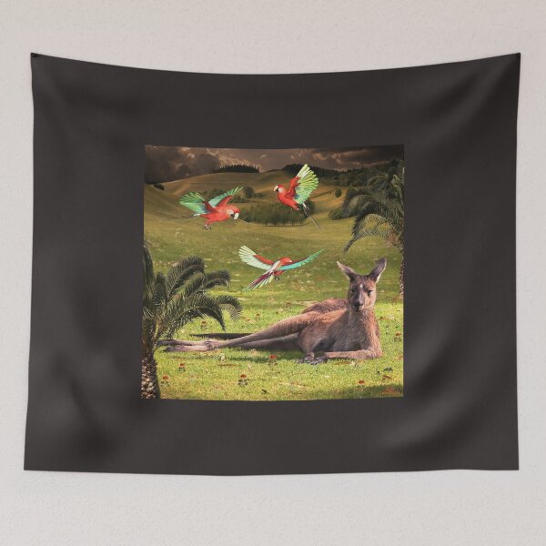 Item preview, Kangaroo is relaxing a sunny day with flying parrots around him designed and sold by LenaKiagia.