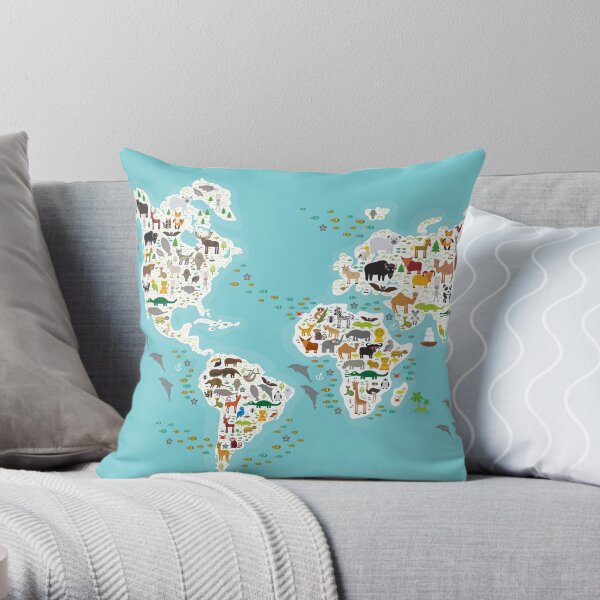 Cartoon animal world map for children and kids, Animals from all over the world, white continents and islands on blue background of ocean and sea Throw Pillow