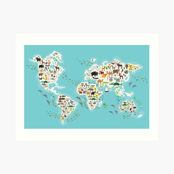 Cartoon animal world map for children Art Print