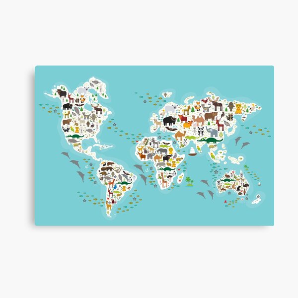 Cartoon animal world map for children and kids, Animals from all over the world, white continents and islands on blue background of ocean and sea Canvas Print