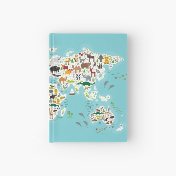 Cartoon animal world map for children and kids, Animals from all over the world, white continents and islands on blue background of ocean and sea Hardcover Journal