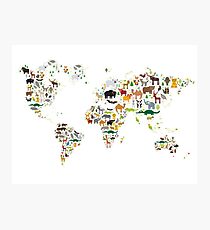 Cartoon animal world map on white background Photographic Print