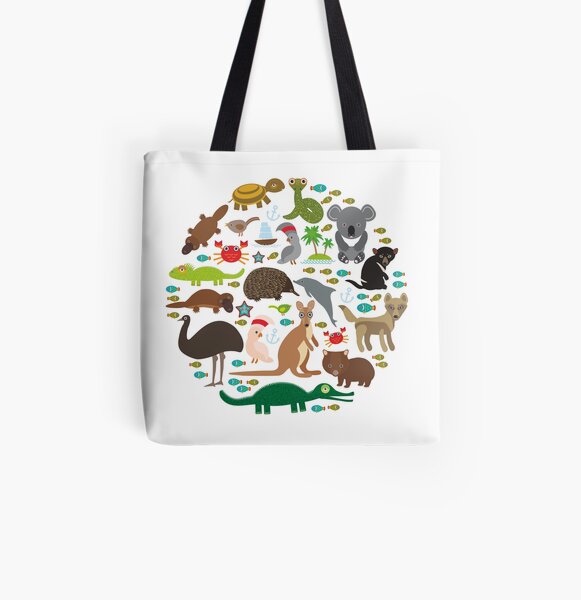 Animals Australia: Echidna Platypus ostrich Emu Tasmanian devil Cockatoo parrot Wombat snake turtle crocodile kangaroo dingo octopus fish Monitor lizard. All Over Print Tote Bag