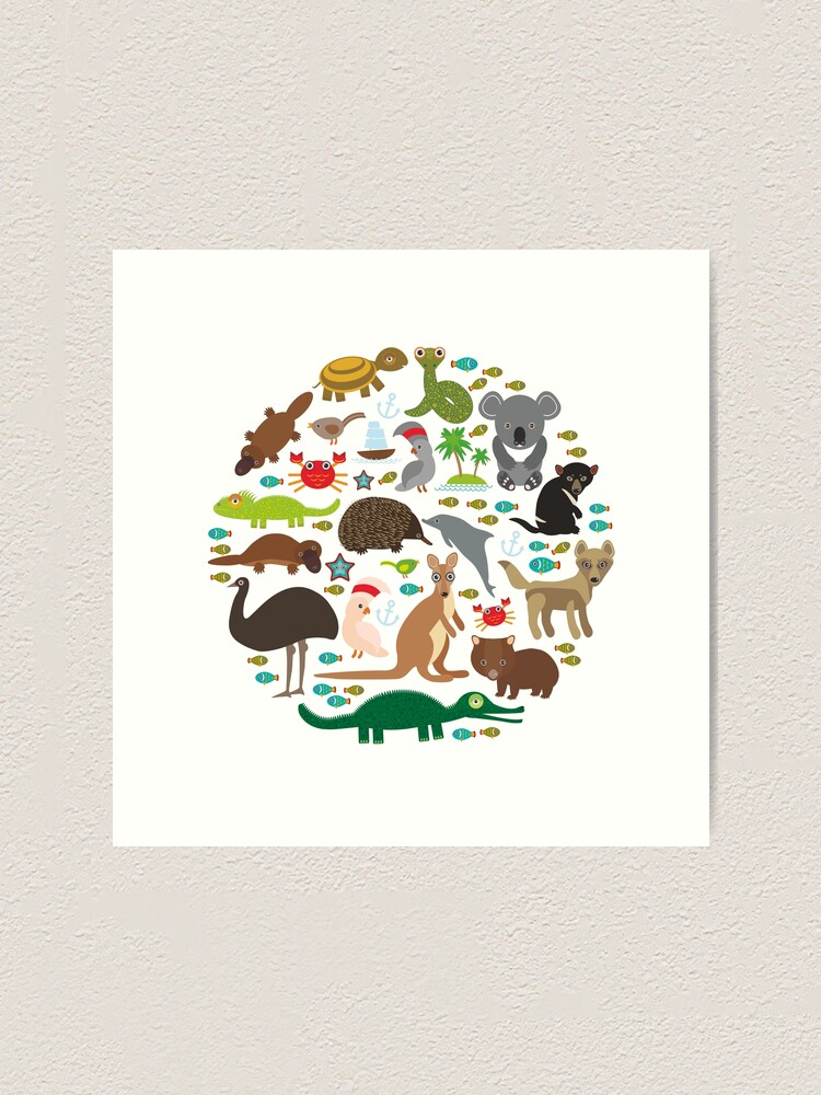 Vista alternativa de Lámina artística Animales Australia: Echidna Platypus avestruz Emu Demonio de Tasmania Cacatúa loro Wombat serpiente tortuga cocodrilo canguro dingo pulpo pez Lagarto monitor.