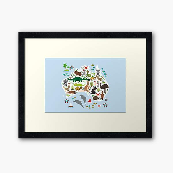 Australian animal map and ocean Framed Art Print