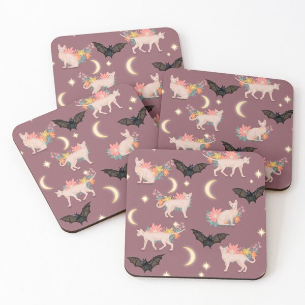 Item preview, Sphynx cats and bats at midnight on china pink background  designed and sold by vianahline.