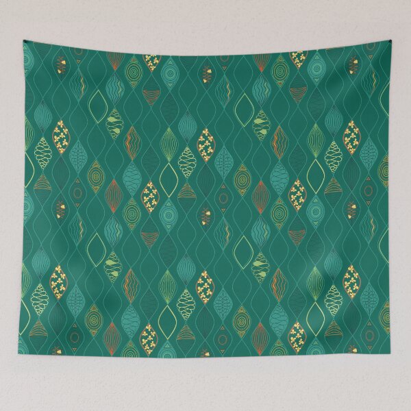Item preview, Wavy lines, rhombuses and ornaments on emerald green designed and sold by Line2Rhyme.