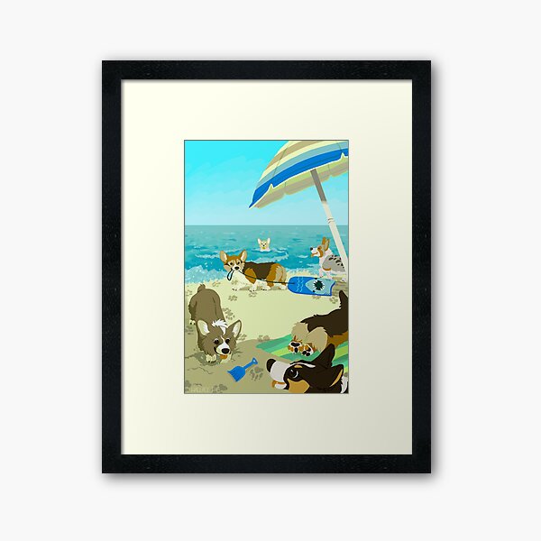 Pups on Corgi Beach Framed Art Print