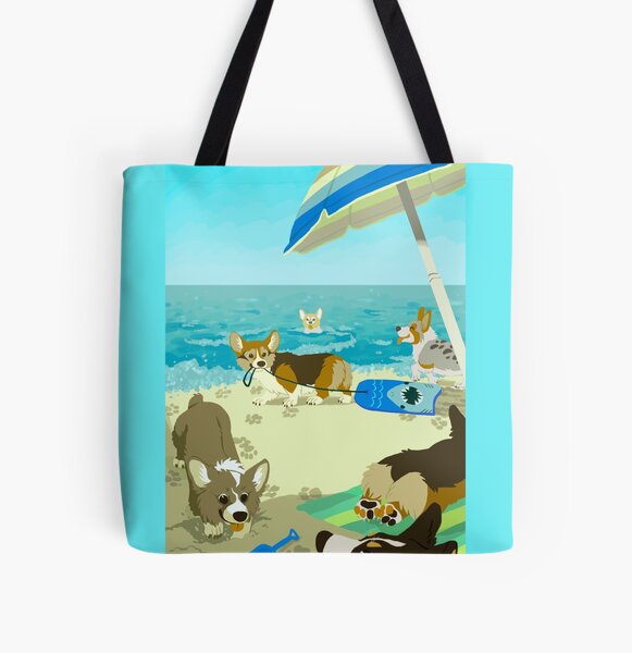 Pups on Corgi Beach All Over Print Tote Bag