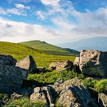 Artwork thumbnail, huge boulders on a grassy hillside at sunrise by mike-pellinni
