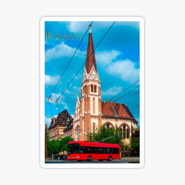 Aperçu de l'œuvre Trolleybus Solaris sur le fond de l'église, avec l'inscription Budapest ! créée et vendue par ChernivtsiSkoda.