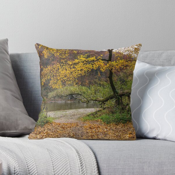 yellow trees on rocky shore of the river Throw Pillow