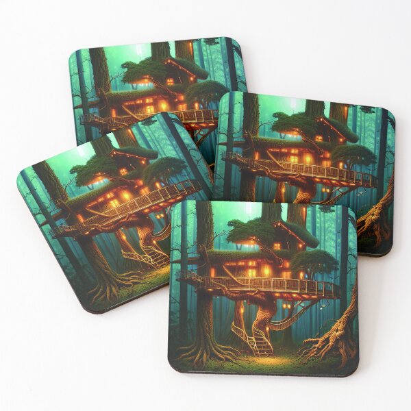 Item preview, Magical Cottage Tree House with Lights in Forest with High Trees, Scenery Nature designed and sold by NatureFood.