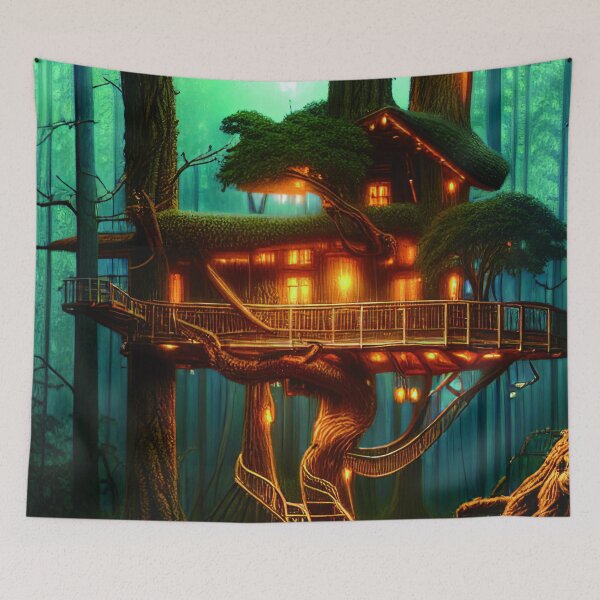 Item preview, Magical Cottage Tree House with Lights in Forest with High Trees, Scenery Nature designed and sold by NatureFood.