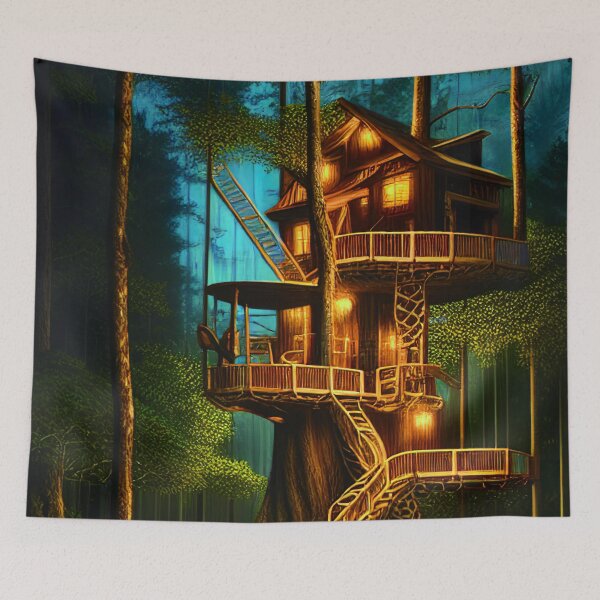 Item preview, Magical Cottage Tree House with Lights in Forest with High Trees, Scenery Nature designed and sold by NatureFood.
