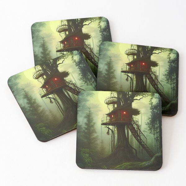 Item preview, Magical Cottage Tree House with Lights in Forest with High Trees, Scenery Nature designed and sold by NatureFood.