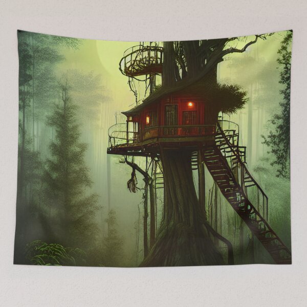 Item preview, Magical Cottage Tree House with Lights in Forest with High Trees, Scenery Nature designed and sold by NatureFood.
