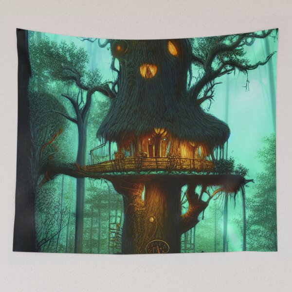 Item preview, Magical Cottage Tree House with Lights in Forest with High Trees, Scenery Nature designed and sold by NatureFood.