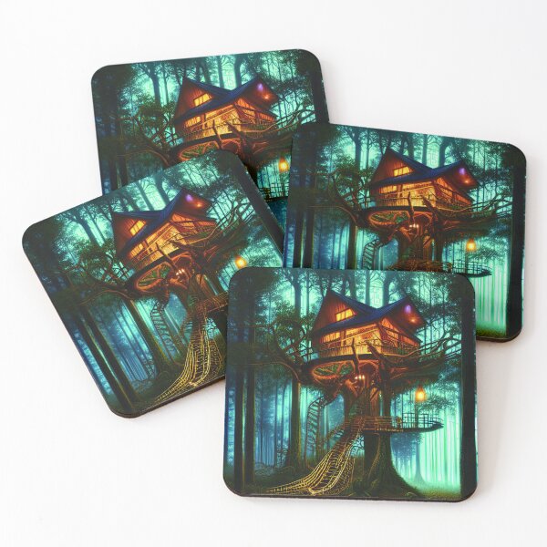 Item preview, Magical Cottage Tree House with Lights in Forest with High Trees, Scenery Nature designed and sold by NatureFood.
