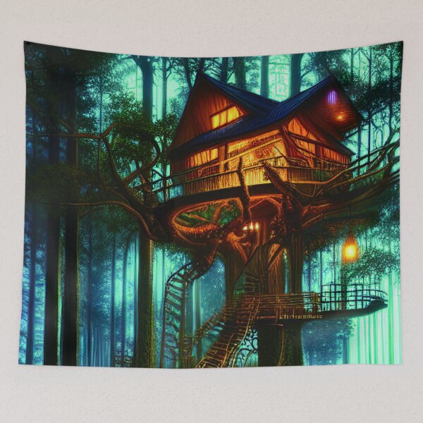 Item preview, Magical Cottage Tree House with Lights in Forest with High Trees, Scenery Nature designed and sold by NatureFood.