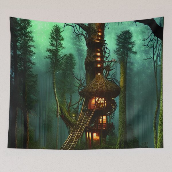 Item preview, Magical Cottage Tree House with Lights in Forest with High Trees, Scenery Nature designed and sold by NatureFood.