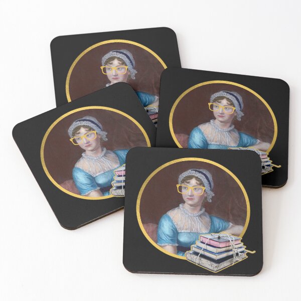 Item preview, Portrait of Jane Austen in glasses, holding a pile of books designed and sold by CastlesClassics.