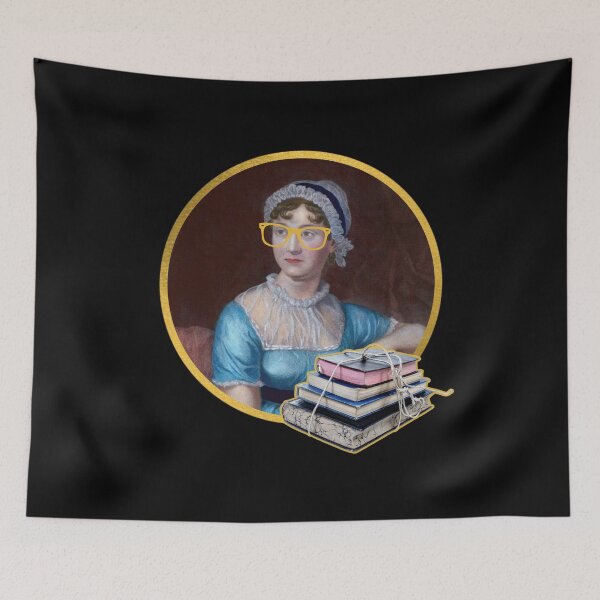 Item preview, Portrait of Jane Austen in glasses, holding a pile of books designed and sold by CastlesClassics.