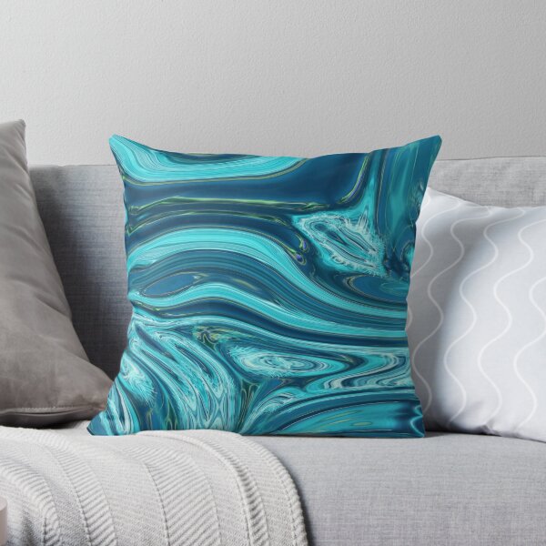 abstract ocean waves blue marble pattern teal swirls Throw Pillow