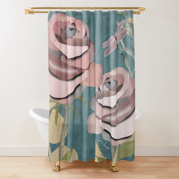 Vintage Shabby Chic Pink and Mint Large Rose Shower Curtain