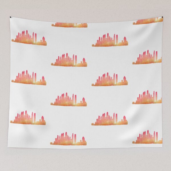Item preview, Sunset Colorful Bright Watercolor City Skyline Silhouette Design designed and sold by redbubbleart18.