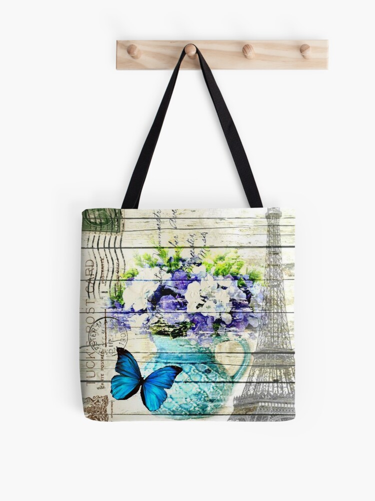 Vintage Paris Eiffel Tower Butterfly Floral Canvas Tote Shoulder Bag Handbag 