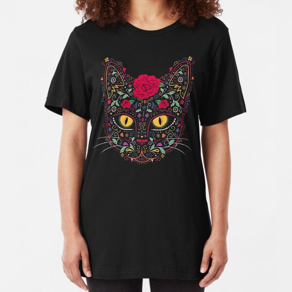 Day of the Dead Kitty Cat Sugar Skull Slim Fit T-Shirt