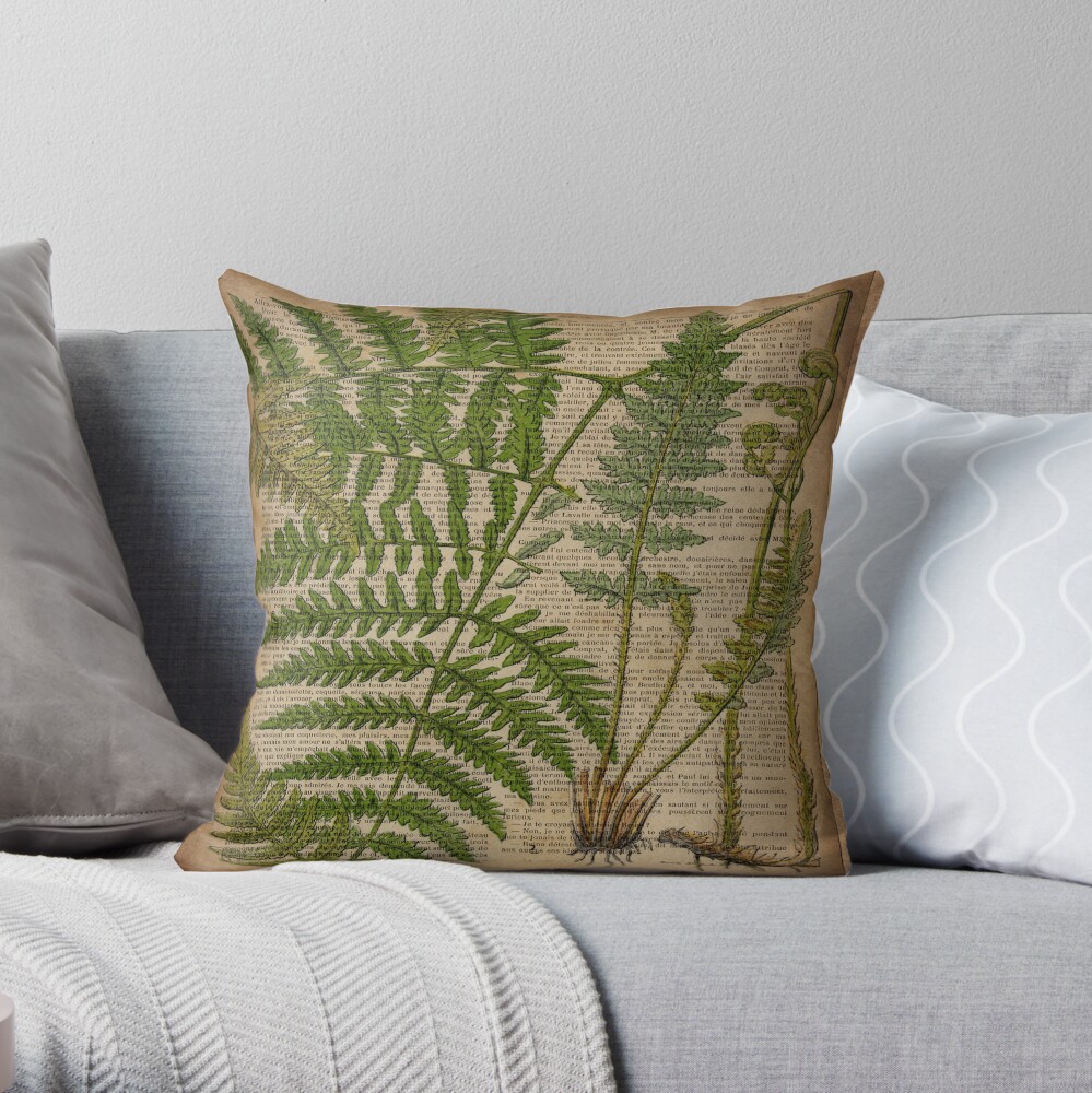vintage foliage hipster botanical print fern leaves Throw Pillow