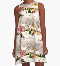 "Seasons Greetings Sunday Driver" - Vintage Christmas Card, Time, Winter, Scene, Retro, Dog, Kids, Couple, Man, Woman, Snow, Wonderland, Snowy, Pink, Yellow, Tree, Old, Car, Model T A-Line Dress