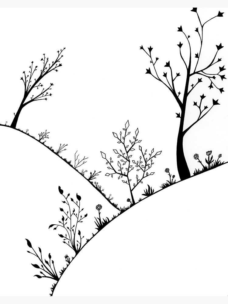 Arbres sur une colline Dessin de paysage noir et blanc Impression photo