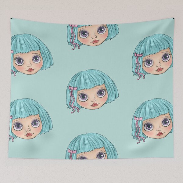 Item preview, Cute Sketchy Blythe Doll Face with Blue Hair designed and sold by FreyaDraws.