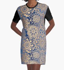 Blue and Gold Mandala Pattern Graphic T-Shirt Dress