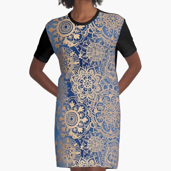 Blue and Gold Mandala Pattern Graphic T-Shirt Dress