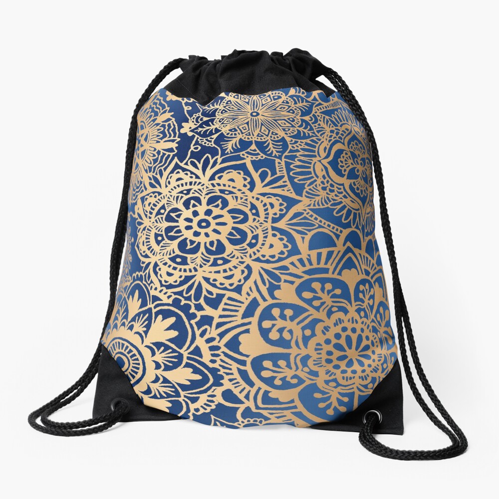 Blue and Gold Mandala Pattern Drawstring Bag